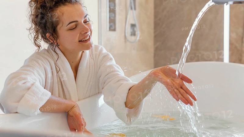 Woman bathrobe with hand water