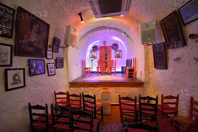 Stage in a former cave home, Los Tarantos flamenco club, Sacromonte, Granada, Granada province, Andalusia, Spain, Europe