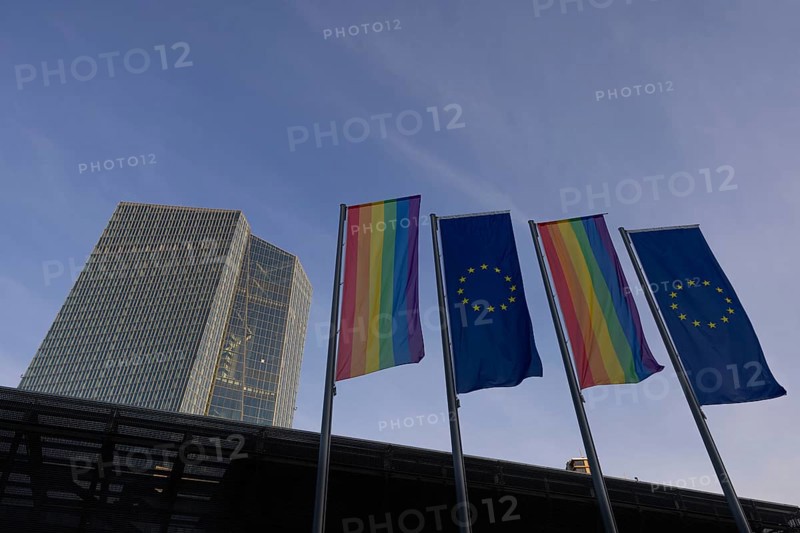 Two rainbow flags and two European flags fly alternately in front of the entrance area of the European Central Bank (ECB) in Frankfurt am Main as a sign of diversity, tolerance and peace, Frankfurt am Main, Hesse, Germany, Europe