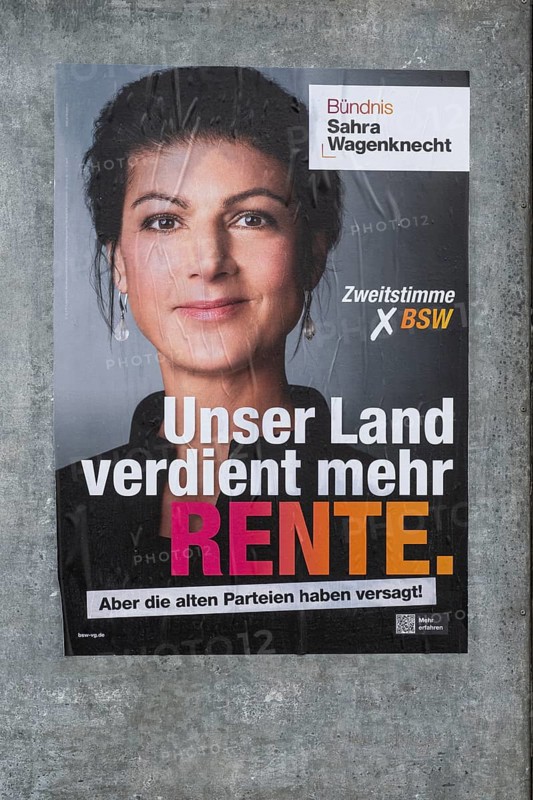 Board with election poster, BSW, Bundestag election 2025, Kamen, North Rhine-Westphalia, Germany, Europe