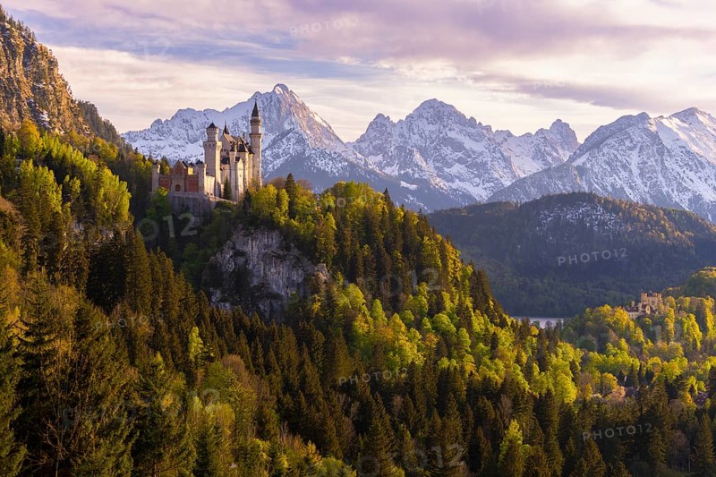 Neuschwanstein Castle near Füssen, Hohenschwangau Castle, evening mood, Schwangau, Allgäu Alps, snow, East Allgäu, Bavaria, Germany, Europe
