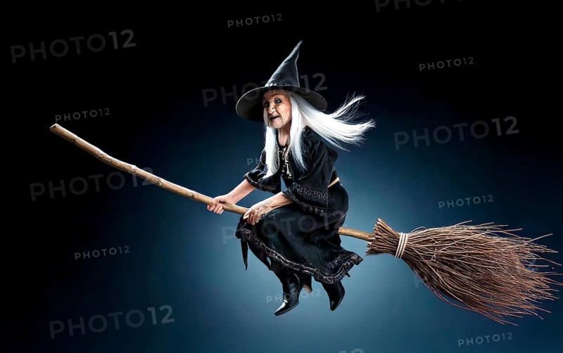 An old witch rides on a brushwood broom, symbolic image myth, fairy tale, legend, fantasy, witchcraft, evil, ugly, belief in witches, Halloween, Walpurgisnacht, chunk, AI generated, AI generated