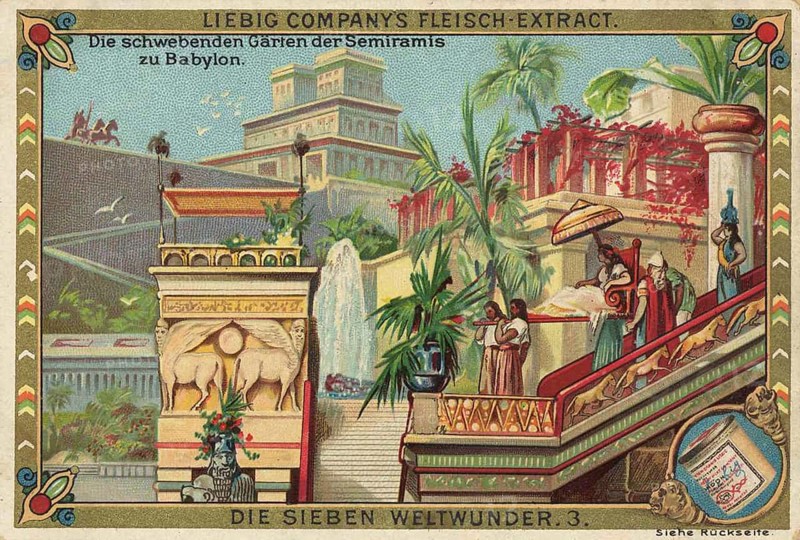 Picture series The Seven Wonders of the World, the Hanging Gardens of Babylon, Liebig picture, digitally restored reproduction of a collector's picture from around 1900, public domain, exact date unknown, depiction of the Hanging Gardens of Semiramis in Babylon as an exotic ancient wonder of the world