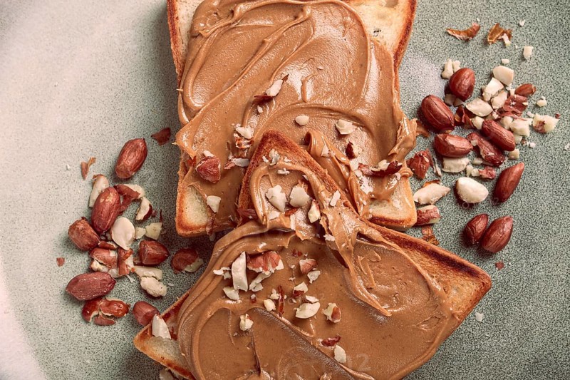 Peanut butter toast, top view, breakfast, no people