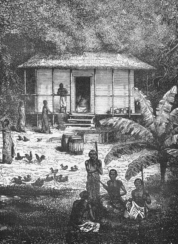 Wooden house of a labourer's family on a plantation, 19th century, stairs, terrace, people, free-range chickens, tropical vegetation, barrel, travelling, Mali, historical illustration 1886, Africa