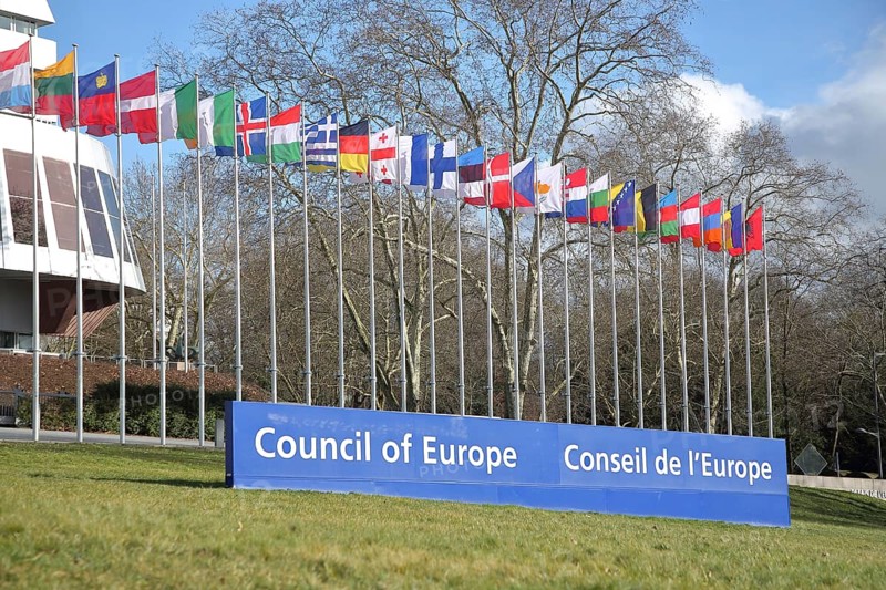 Palace of Europe with Council of Europe and inscription Council of Europe, EU flag, series of national flags, state flag, politics, international, EU Parliament, Strasbourg, Bas-Rhin, Alsace, France, Europe