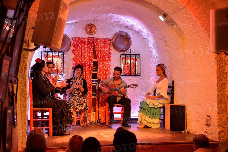 Flamenco performance on the stage of a former cave home, Los Tarantos flamenco club, Sacromonte, Granada, Granada province, Andalusia, Spain, Europe