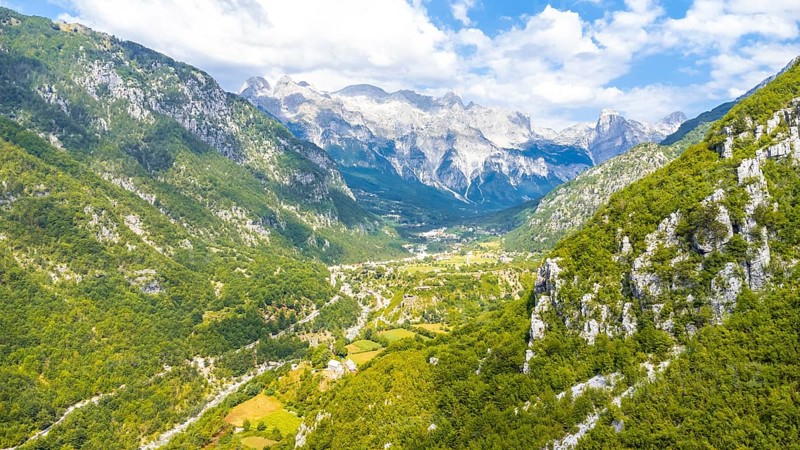 Aerial view in the valley of Theth National Park, Albania. albanian alps