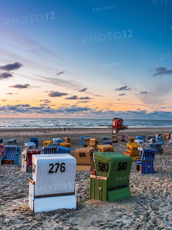 Evening sky, beach chairs, beach, tourism, travel, holiday, North Sea, North Sea island, Langeoog, Germany, Europe