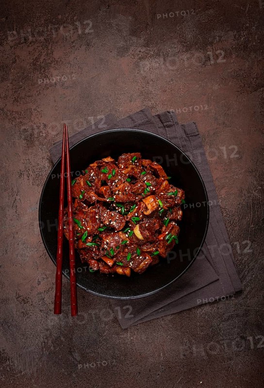 Bulgogi, with mushrooms, with sesame seeds and green onions, Korean cuisine, homemade, no people