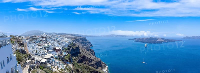 Greece Islands, scenic panoramic sea views of Santorini island from top outlook of Fira village.