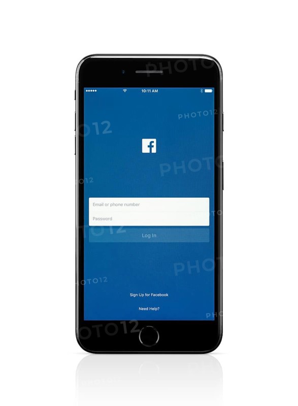 Apple iPhone 7 Plus with Facebook login screen on its display isolated on white background with clipping path