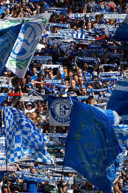 Veltins Arena Gelsenkirchen, 1.9.2024, 2nd Bundesliga season 2024/25 4th matchday, Schalke 04 (S04) vs 1.FC Köln (KOE), Schalke Ultras waving their flags