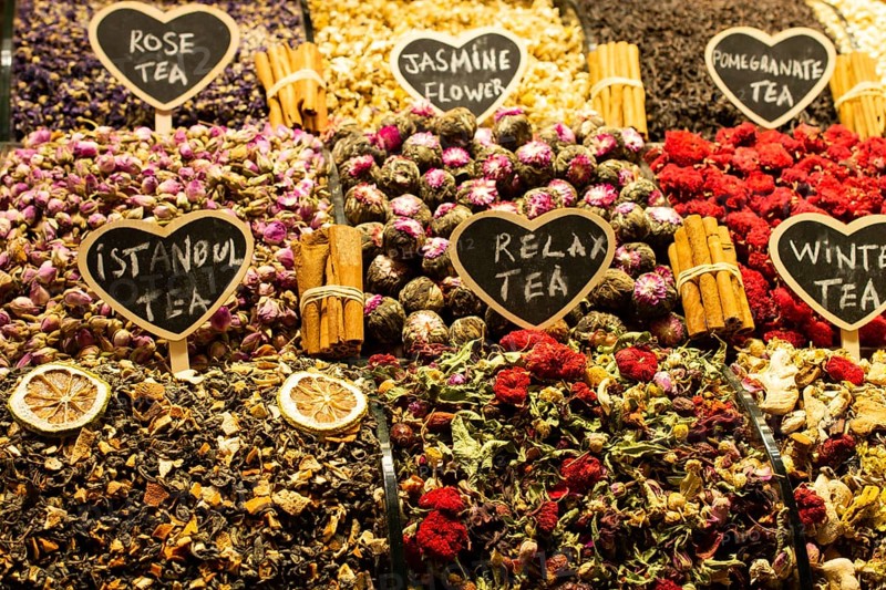 Market with different types of tea, herbs, plants and dried flowers