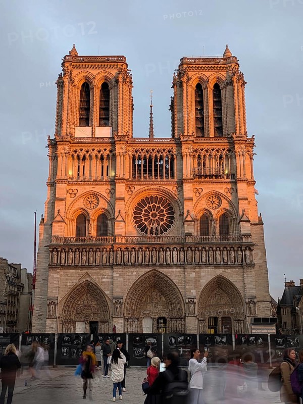 Notre Dame Cathedral in Paris glowing under evening light. Paris, France, Europe