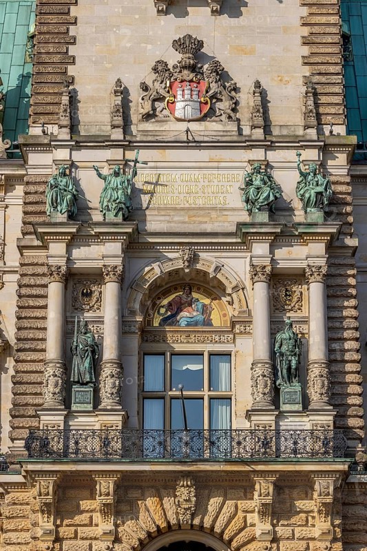 Detail facade Hamburg City Hall with city coat of arms, windows, sculptures and rich decorations on the facade, Hamburg, Land Hamburg, Northern Germany, Germany, Europe