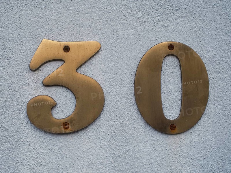House number plate, number 30, digit, anniversary, birthday, North Rhine-Westphalia, Germany, Europe