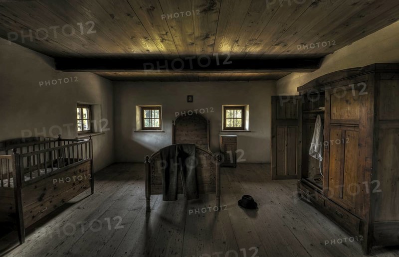 Old farmhouse bedroom, open-air museum "Museum Tiroler Bauernhöfe", Kramsach, Kufstein District, North Tirol, Tirol, Austria, Europe