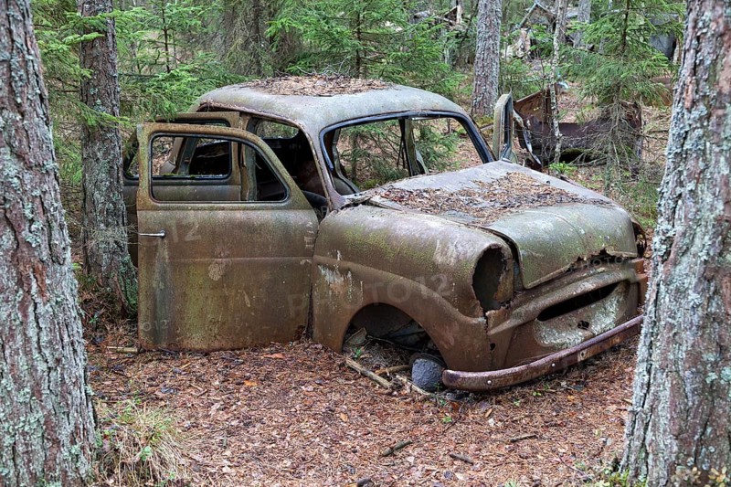 Old car wreck in the car cemetery of Kyrkoe Mosse, Ryd, Tingsryd, Kronoberg County, Sweden, Europe