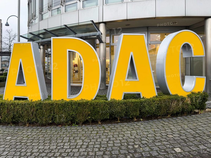 ADAC logo in front of an ADAC shop in Remscheid, Germany, Europe