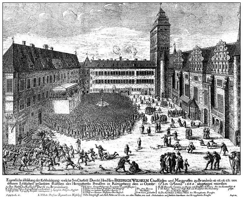 Homage to the Prussian estates, uprising in Koenigsberg, 18. October 1663, Germany, Europe, Huldigung der preußischen Stände im Schloßhof zu Königsberg in Preußen am 18. Oktober 1663, Königsberger Aufstand, Europe