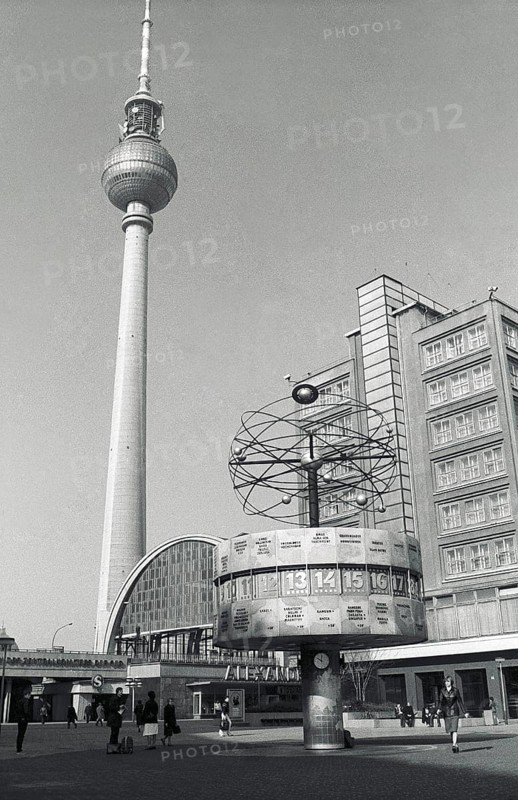 09.11.1971 GDR East Berlin Mitte district. View of the World Time Clock, Alexanderplatz S-Bahn station and Alexanderplatz television tower.