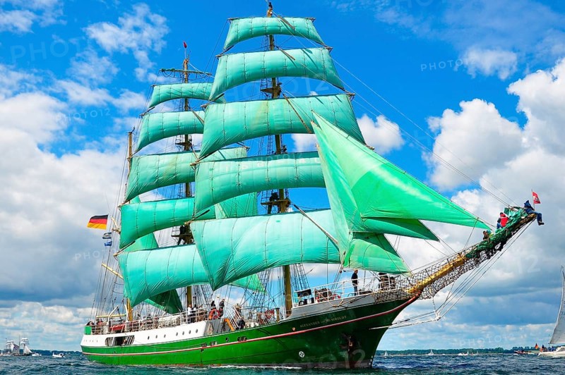 Fjord, sailing ship, Alexander von Humboldt I., barque, full sail, Germany, Europe