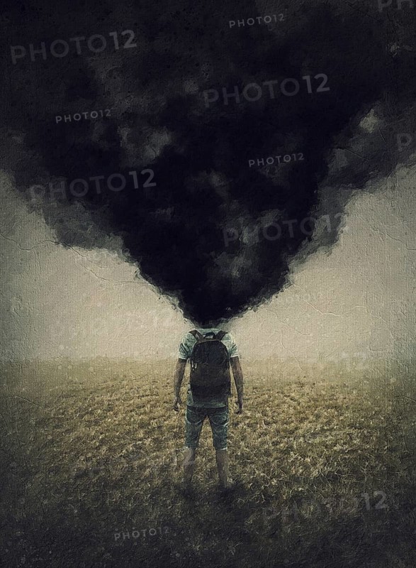 Surreal painting of a depressed person with exploded and fuming head. Man shattering black smoke out of head. Emotional crisis metaphor, mental burnout and brain explosion. Depression, despair concept