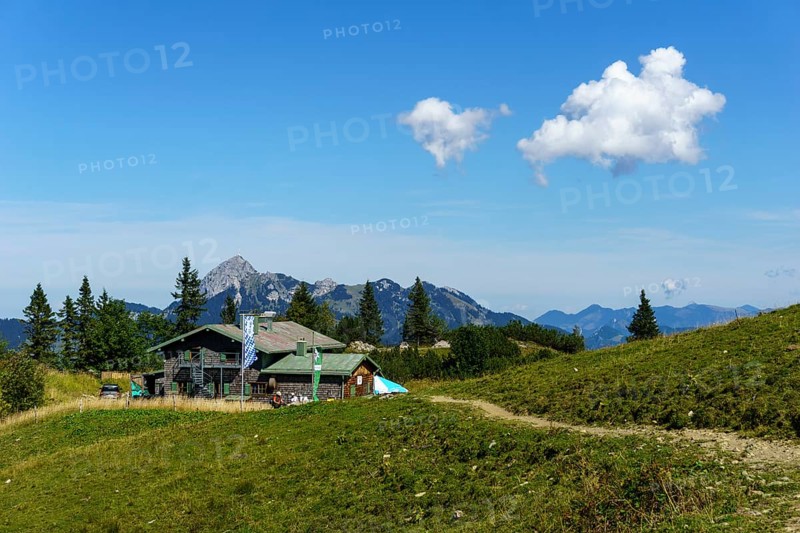 Taubensteinhaus in front of Wendelstein, Spitzingsee, Mangfall Mountains, Upper Bavaria, Germany, Europe