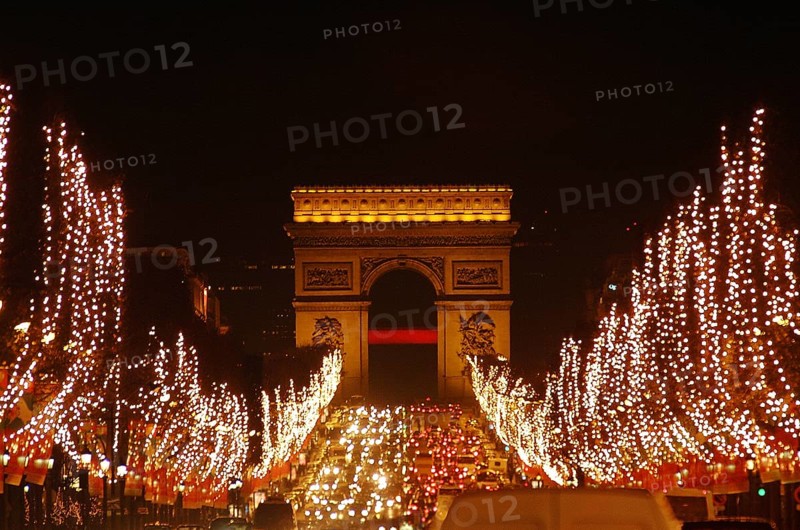 Arc de Triomphe and Christmas illuminations on the Champs Elysees, Paris in France
