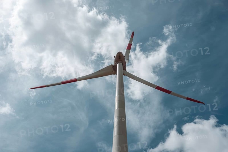 Wind turbines in summer near Waldsachsen in the Hassberge district of Lower Franconia