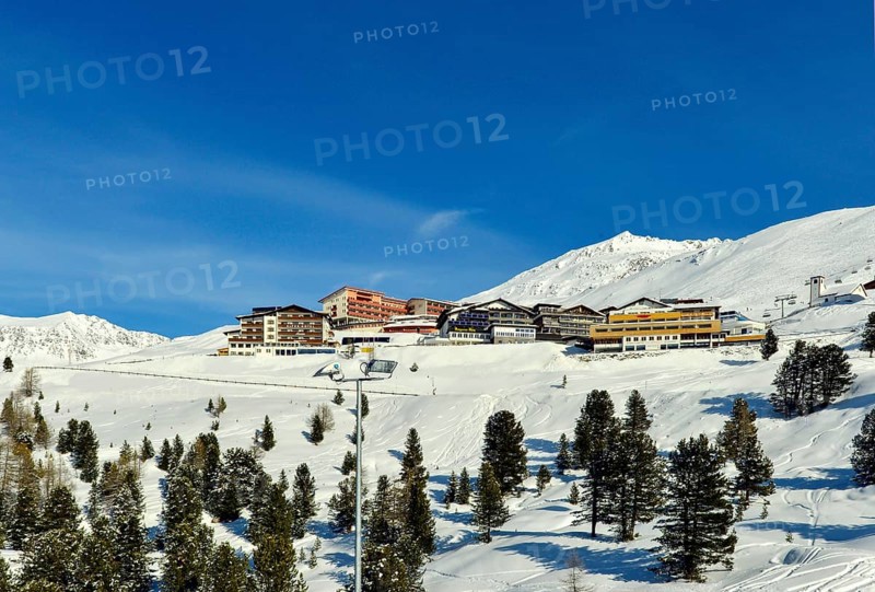Hotels and Church, Winter, Hochgurgl in Oetztal, Oetztal Alps, Tyrol, Austria, Europe