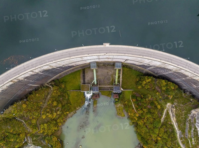 Dam on Lac de Gruyère, Lake Gruyère, reservoir, aerial view, Rossens, Fribourg, Switzerland, Europe