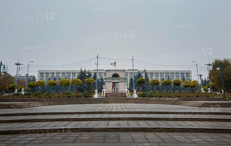 View from the square of the Triumphal Arch in front of the government building, Chisinau, Moldova. Historical landmarks of the capital city