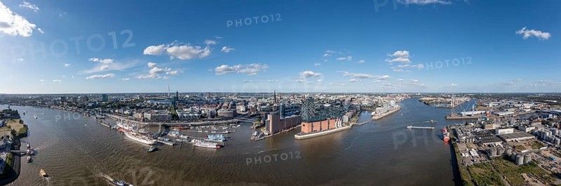 Large panorama, aerial photo, drone photo, Elbe, skyline harbour with museum ships, container harbour, Elbe Philharmonic Hall, Hamburg, Germany, Europe