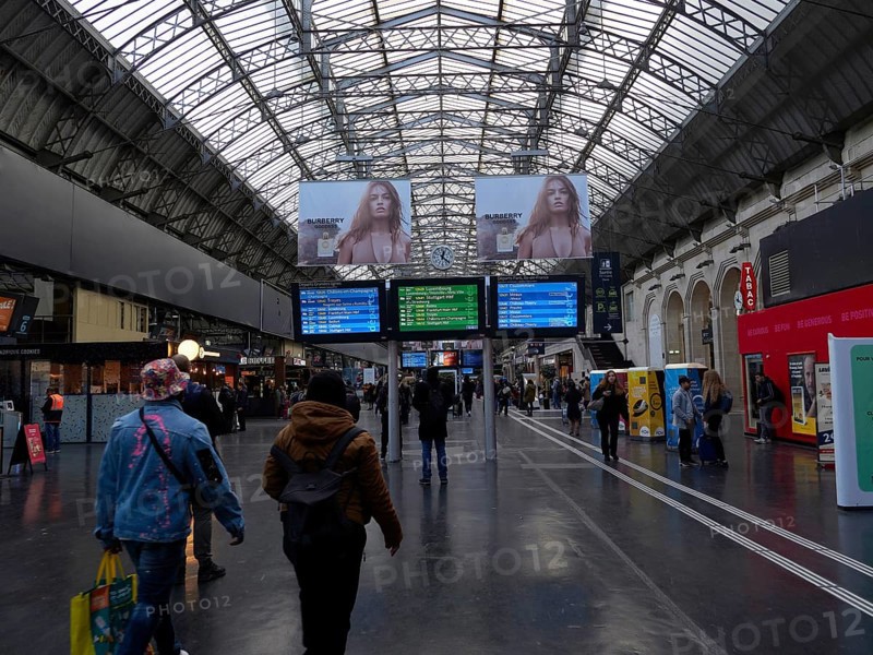 Travellers in a station concourse under a large glass-covered ceiling with timetable displays and advertising, Gare le Est .Paris