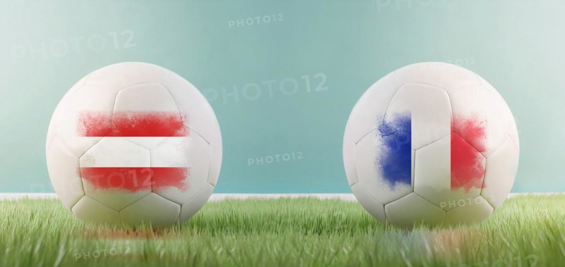 Austria vs France football match infographic template for Euro 2024 matchday scoreline announcement. Two soccer balls with country flags placed against each other on the green grass with copy space. AI generated art