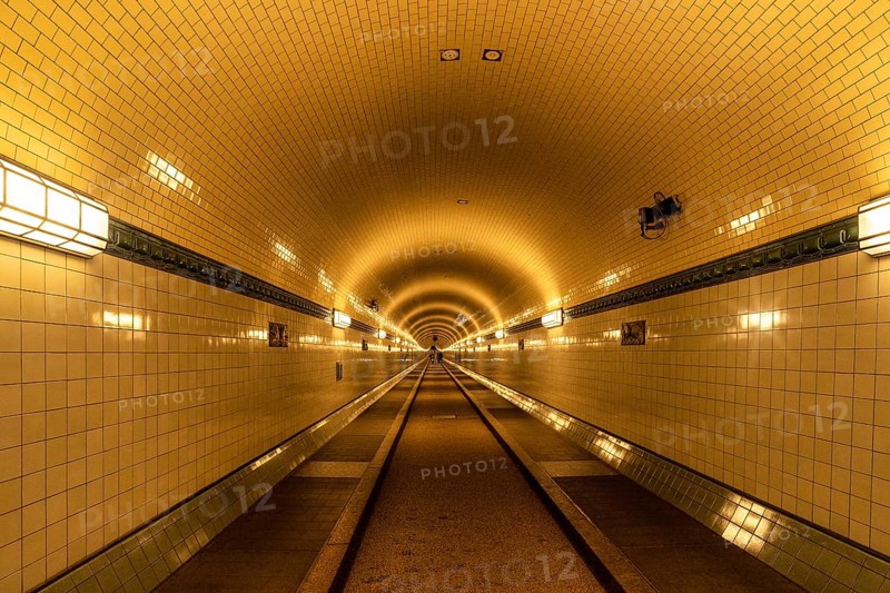 Old historic Elbtunnel, warm light, Landungsbrücken, harbour, Hamburg