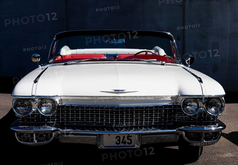 American classic car, Cadillac Eldorado, white with red leather seats, front view, Töcksfors, Värmland, Sweden, Europe