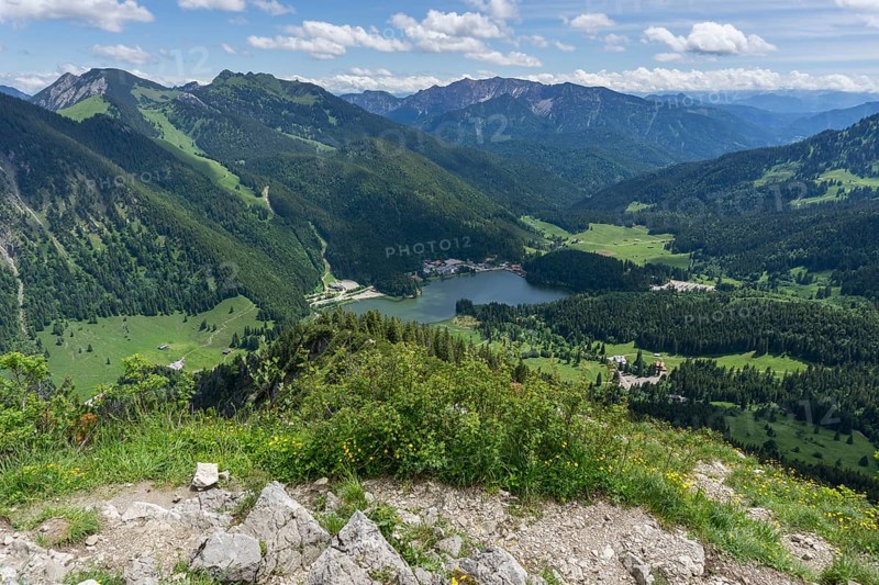 View from the Brecherspitze to the Spitzingsee, behind Hochmiesing, Rotwand, Hinteres Sonnwendjoch, Spitzingsee, Mangfall mountains, Upper Bavaria, Germany, Europe
