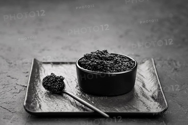 High angle bowl with black caviar. High resolution photo