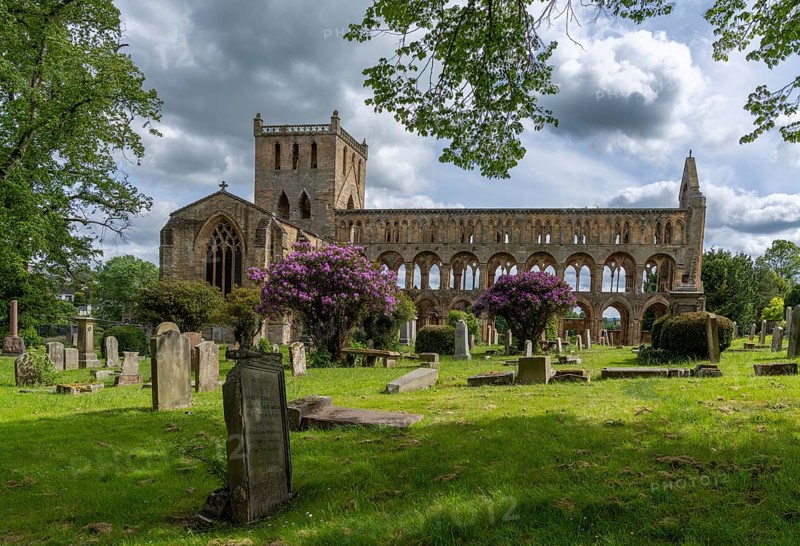 Jedburgh, United Kingdom - 18 June, 2022: view of the Augustinian Jedburgh Abbey ruins and cemetery in southern Scotland
