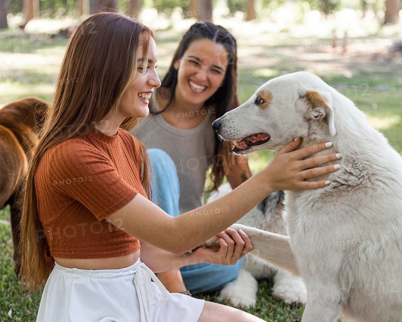 Women playing with dog