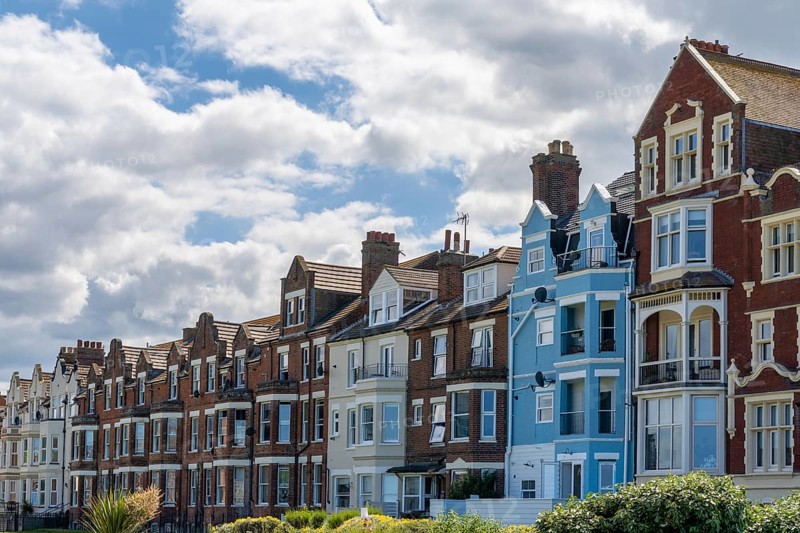 Cromer, United Kingdom - 13 June, 2022: colorful English rowhouses and town houses in the historic city center of Cromer