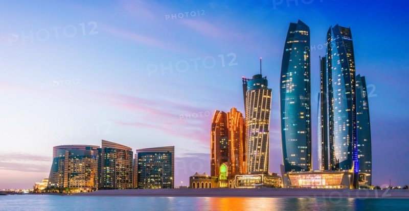 ABU DHABI, UNITED ARAB EMIRATES - FEB 10, 2019: Etihad Towers in Abu Dhabi, United Arab Emirates after sunset
