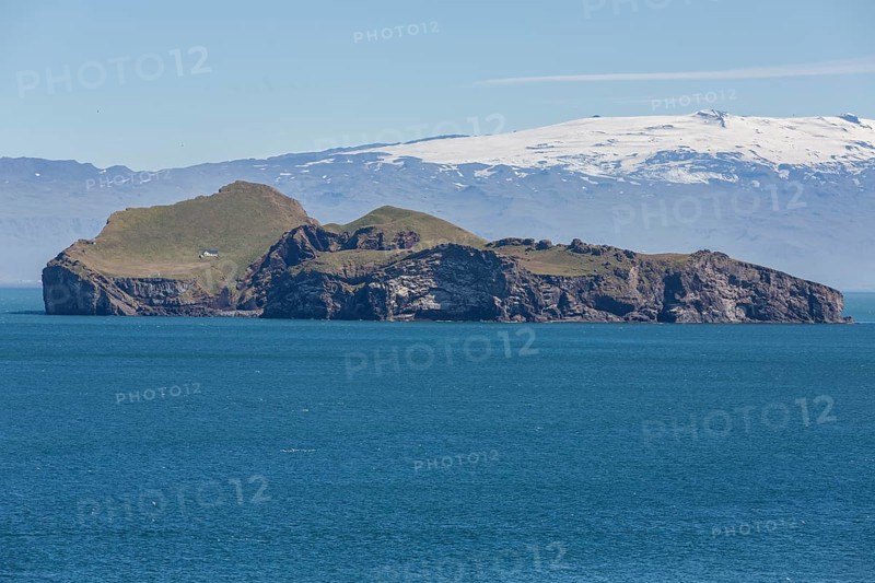 Ellidaey with Eyjafjallajökull, Westman Islands, Iceland, Europe