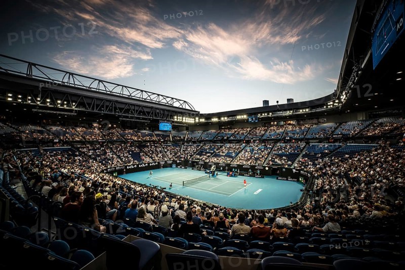 MELBOURNE, AUSTRALIA, JANUARY 24: Taylor Fritz of USA vs Stefanos Tsitsipas of Greece on day 8 of the 2022 Australian Open at Melbourne Park on January 24, 2022 in Melbourne, Australia, Oceania