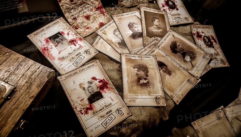 Jack the Ripper victims, London Scotland Yard, 1888. The killer murdered 12 women. Pictures with blood - a dark crime from the Victorian time