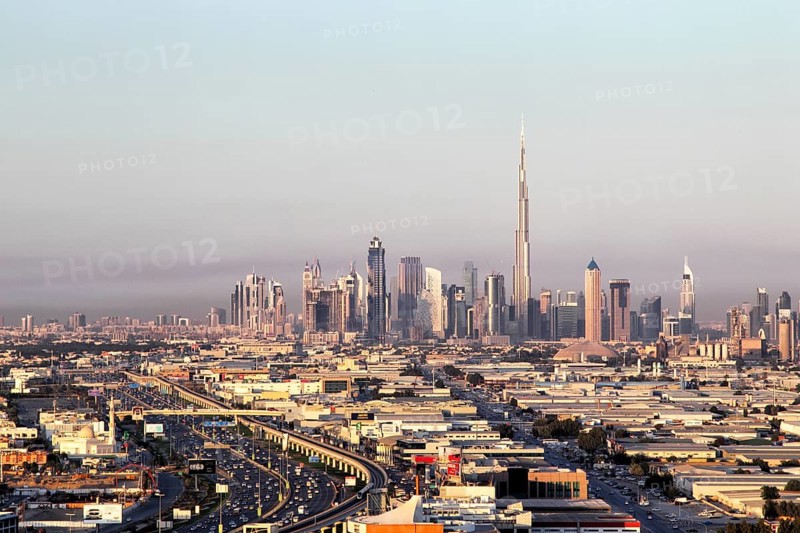 Skyline of Dubai with the tallest building in the world, the Burj Khalifa, photographed from the Mall of the Emirates