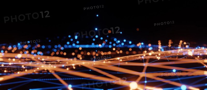 Blue and orange illumination grid pattern, communication technology for internet business. Global world network and telecommunication concept, 3d rendering